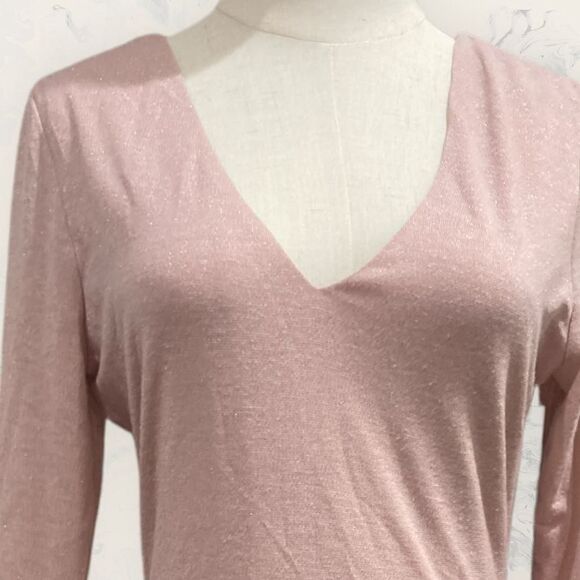 New Abound Metallic Knit Double V Neck Long Sleeve Bodysuit Rose Gold Pink - Siz - Picture 4 of 5